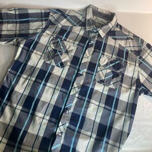 BKE Mens Blue Short Sleeve Pearl Snap Button Shirt XL Athletic Fit
